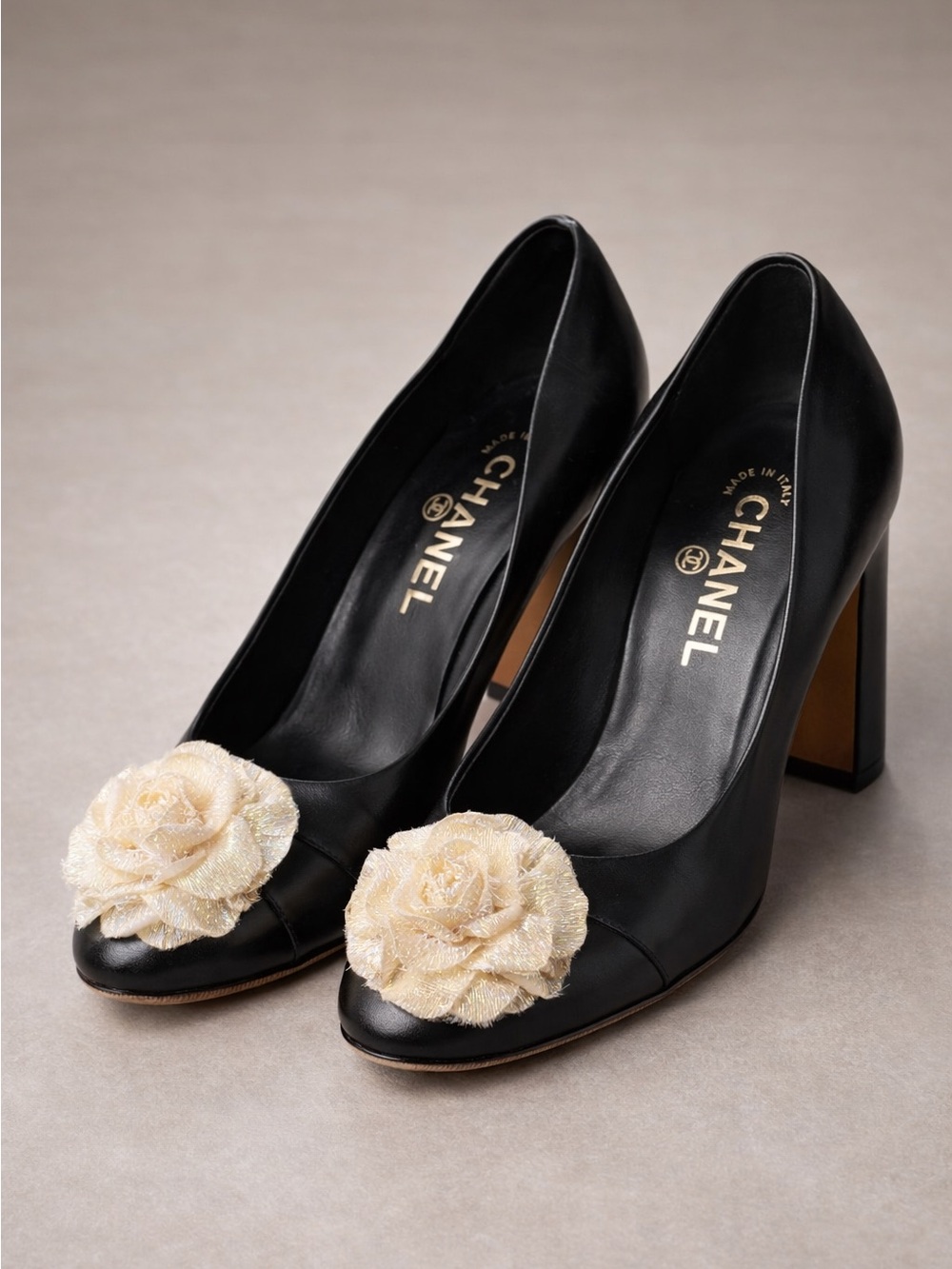CHANEL Black Leather Patent  Pumps with Cream Camellia Accent CC Logo Size 36C